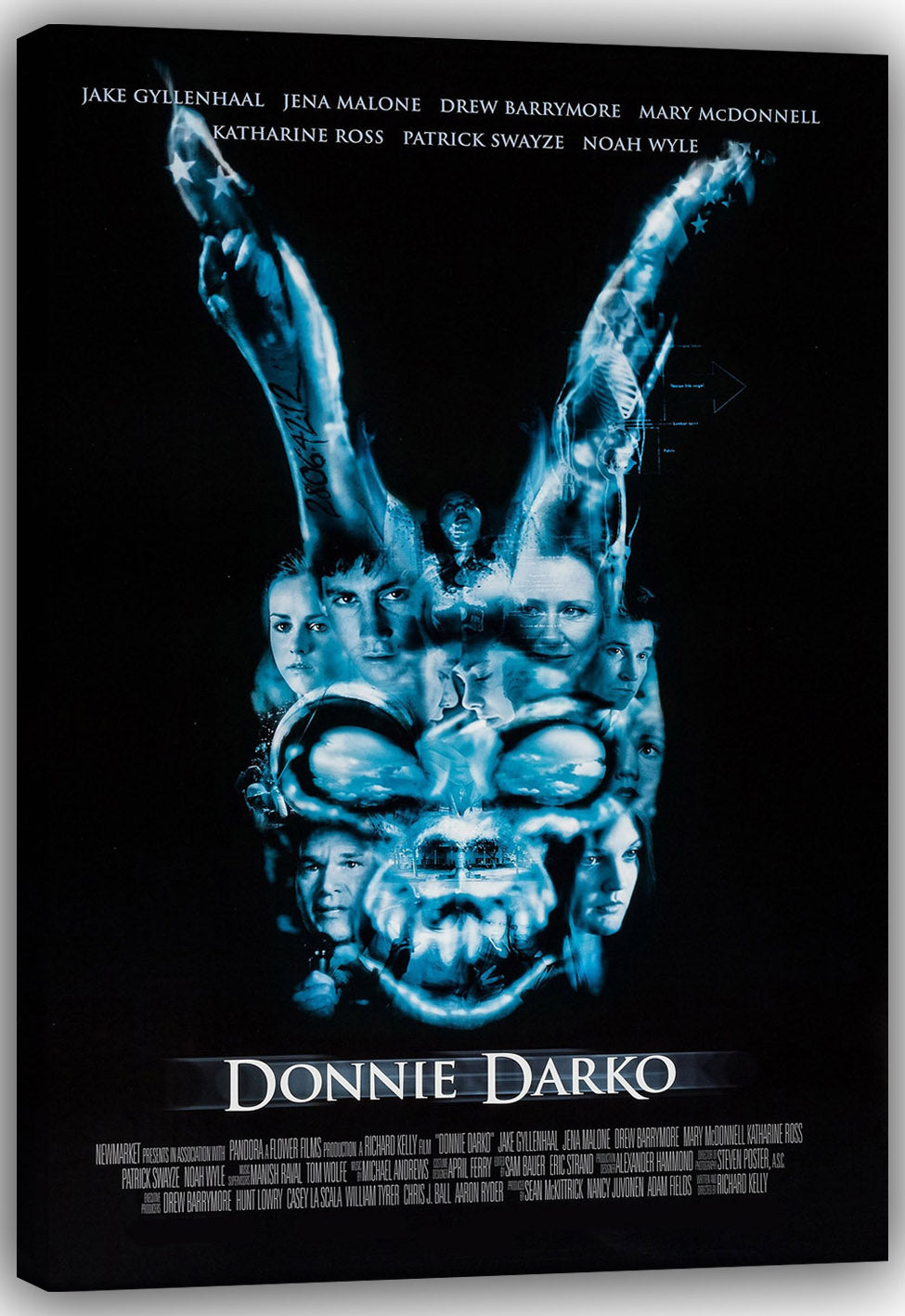 Donnie Darko canvas wall art print displays a luminous blue skull collage of character faces, arms, and title lettering on black.