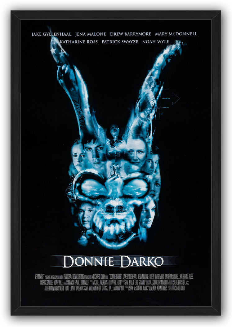 Donnie Darko framed wall art print presents a blue skull-like collage of faces and raised arms on a black field.