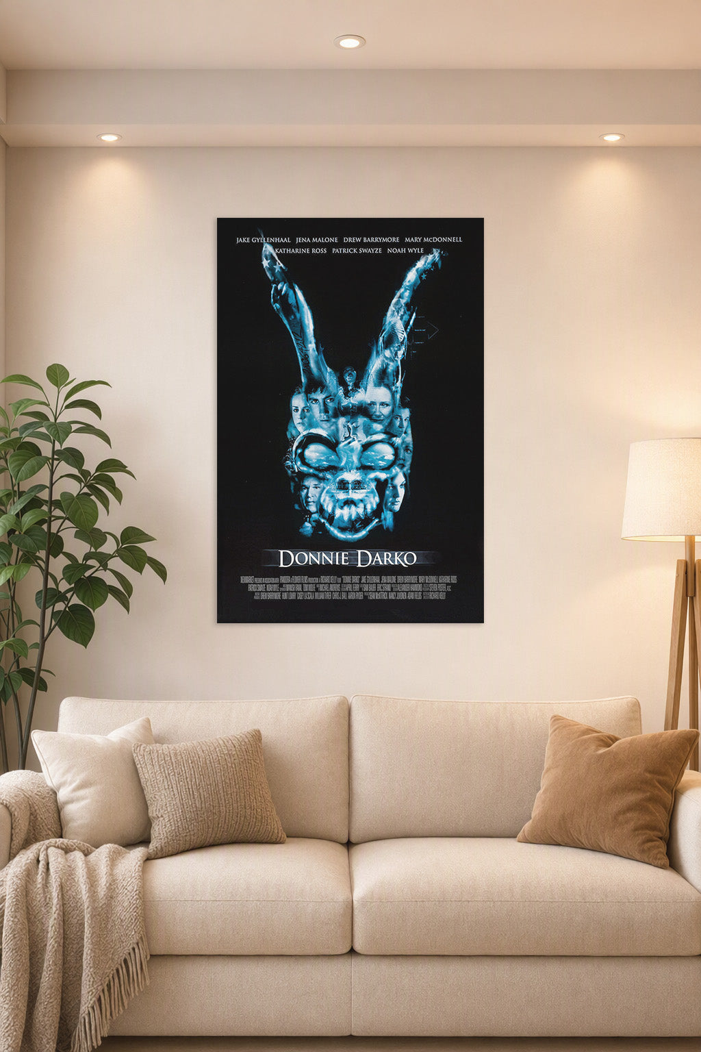 Donnie Darko Movies in a bright living room above a beige sofa.