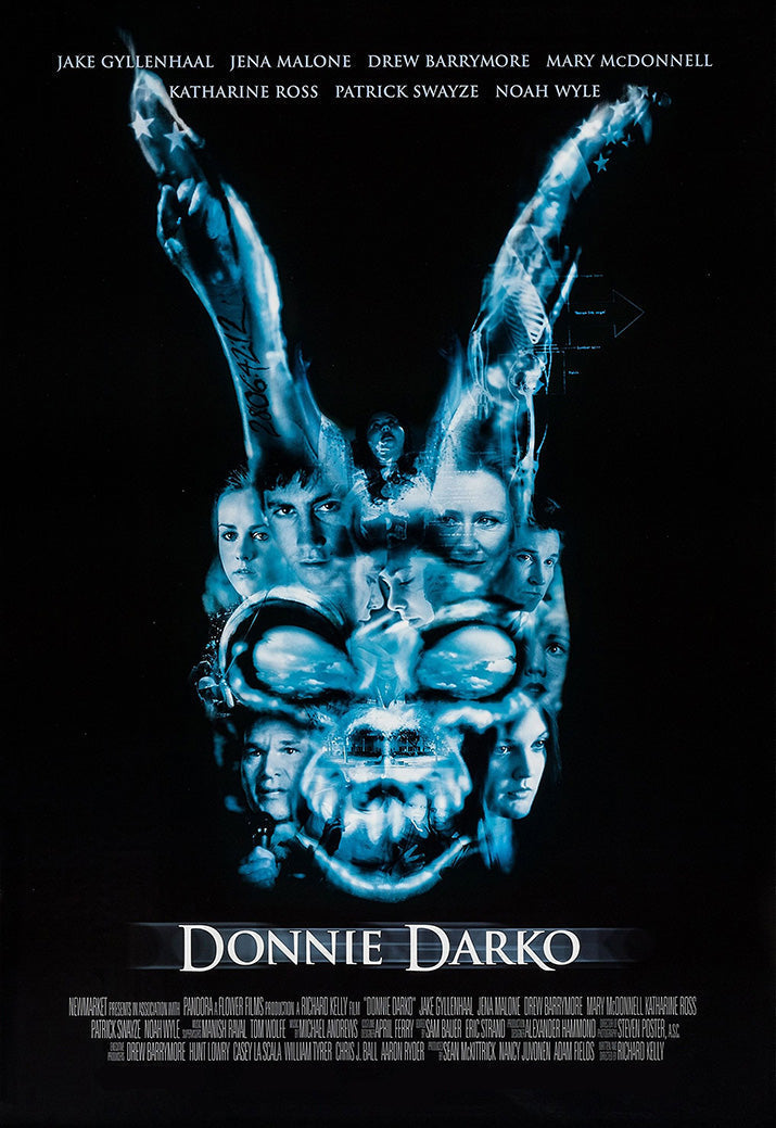 Donnie Darko poster features a blue skull-shaped collage of faces and raised arms against a black background.