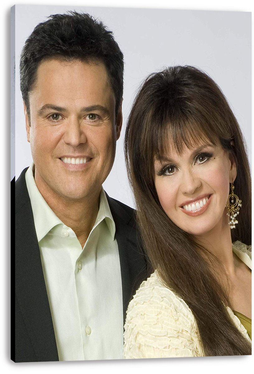 Donny and Marie Osmond canvas wall art print featuring the smiling duo in a close portrait on a pale gray background.