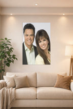Donny & Marie Osmond in a bright living room above a beige sofa.