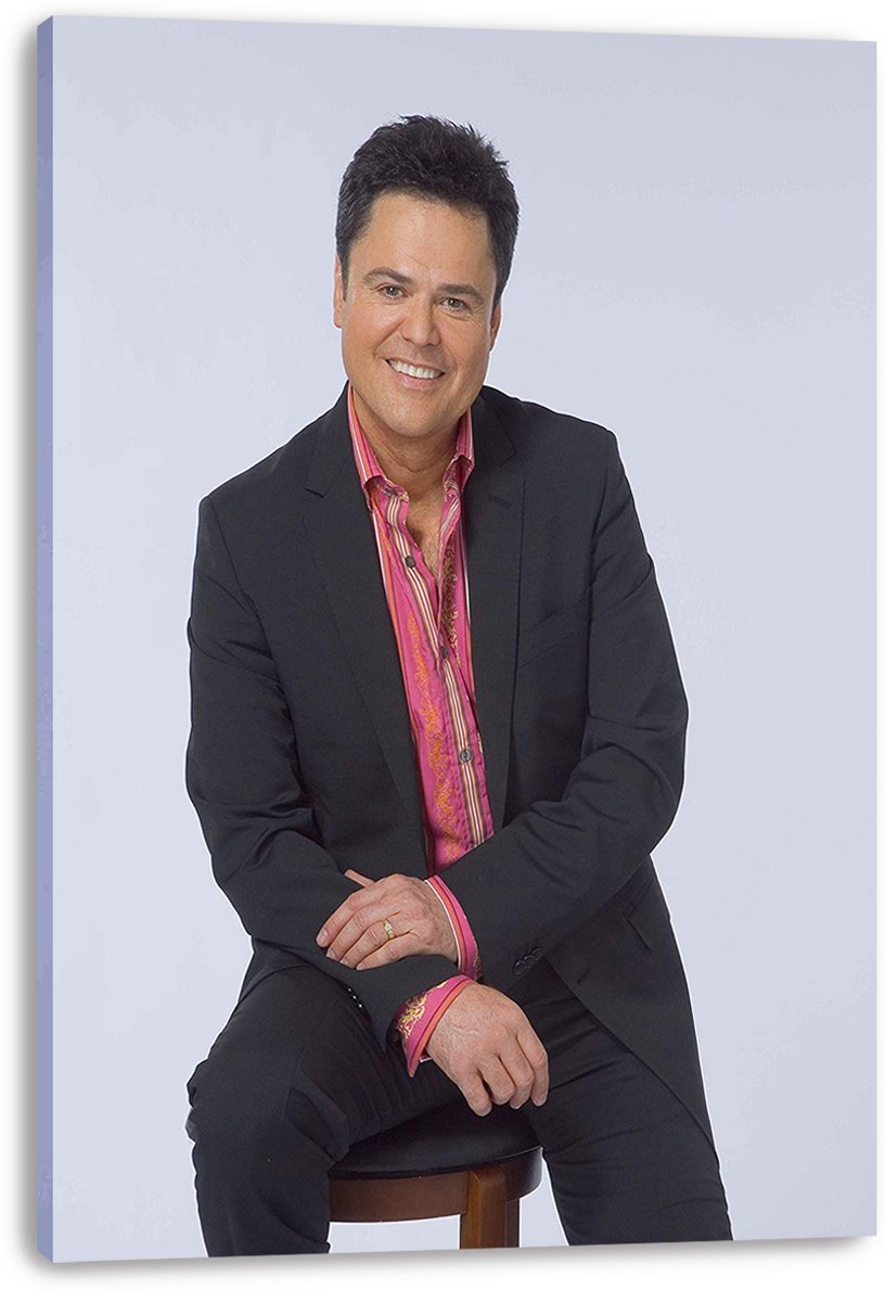 Donny Osmond canvas wall art print displays the seated singer smiling in a black suit against a pale gray-blue background.