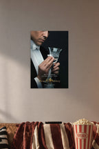 Downton Abbey Butler in a cozy movie room above a brown sofa with popcorn.