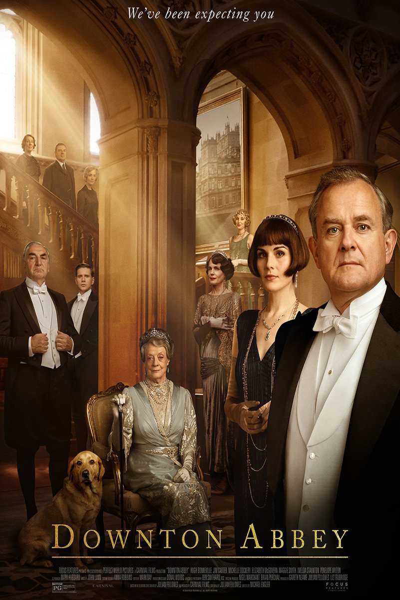 Downton Abbey poster features formally dressed cast beneath grand stone arches, with a seated woman and golden dog.