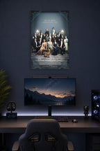 Downton Abbey in a gaming desk setup above a monitor.
