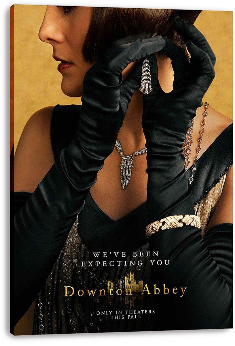 Downton Abbey canvas wall art print displays a gloved woman in a black gown with silver jewelry on a warm gold background.