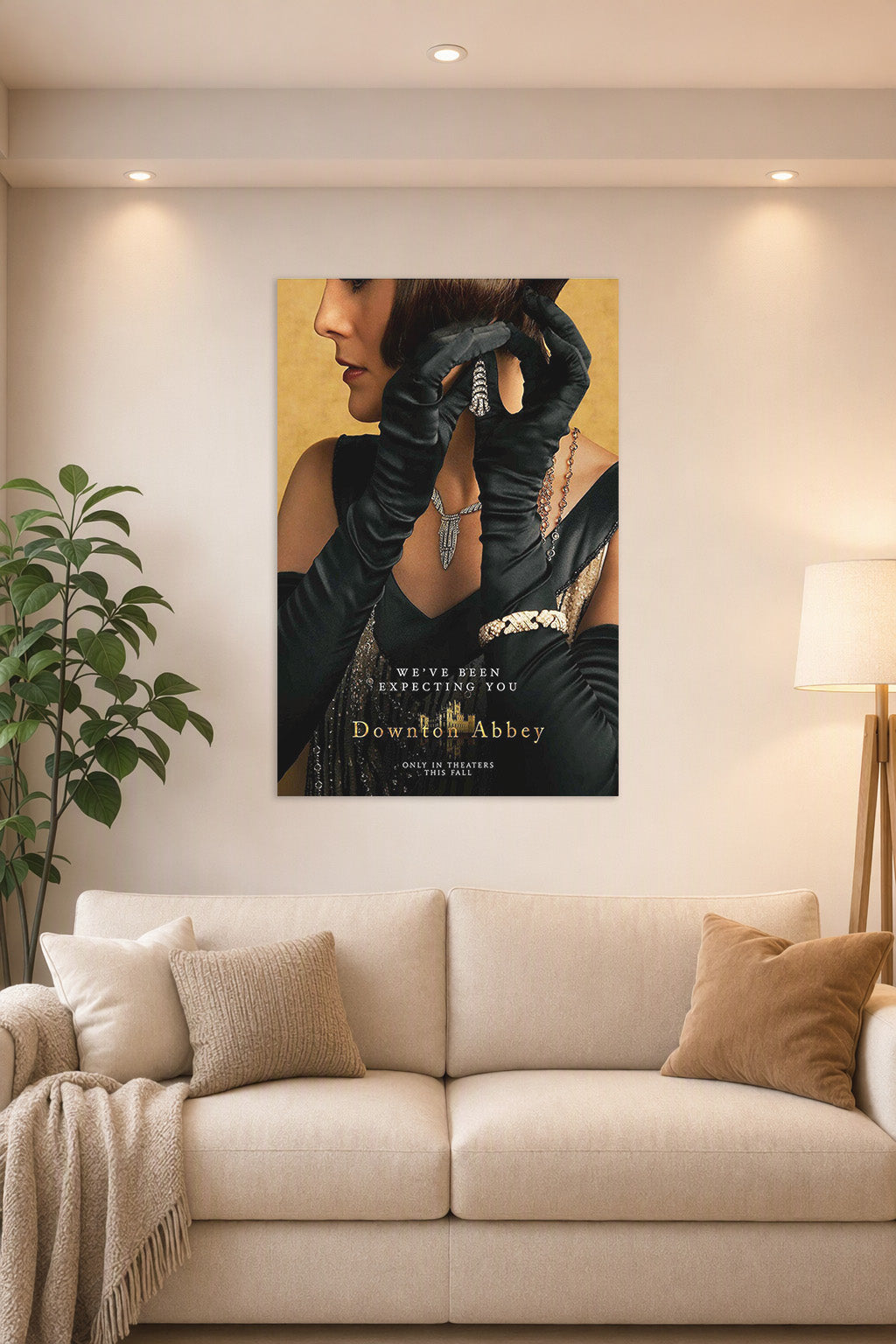 Downton Abbey Elegant Woman in a bright living room above a beige sofa.