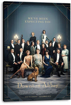 Downton Abbey canvas wall art print displaying the formally dressed ensemble and dog against a blue interior with an Art Deco gold border.