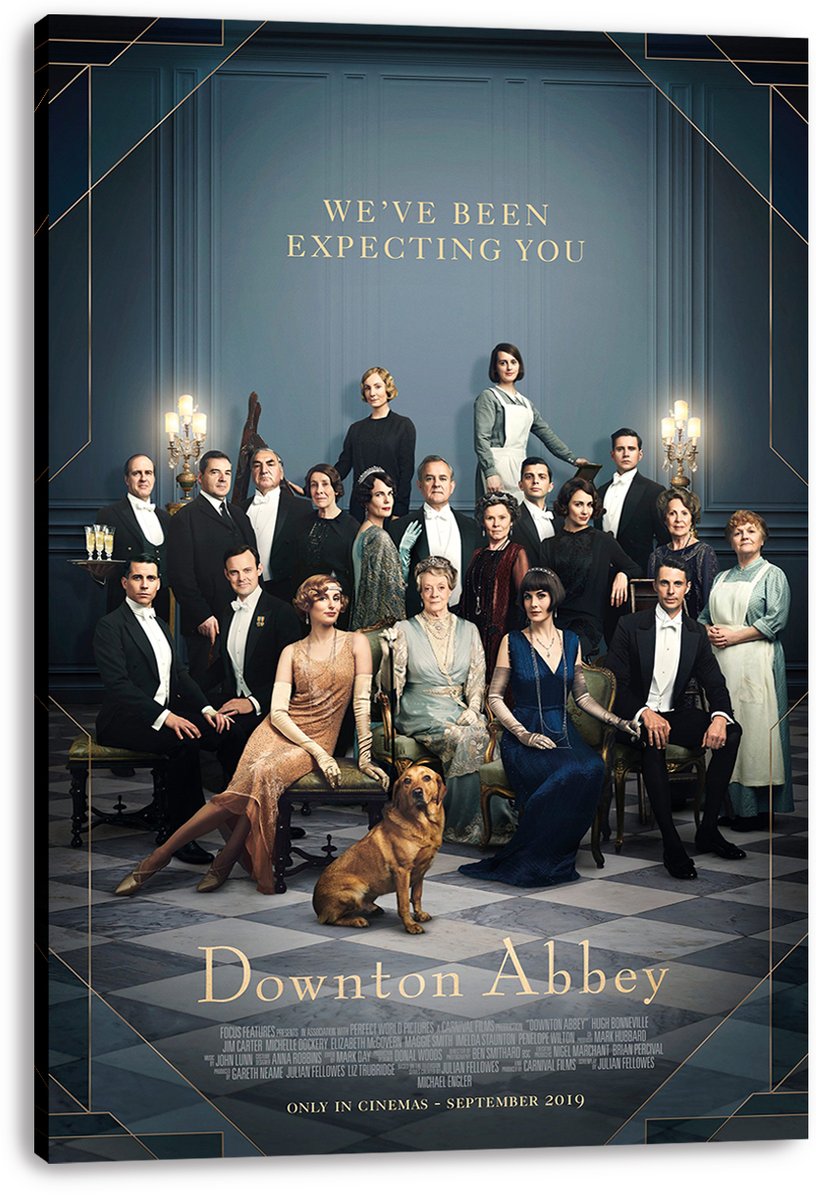 Downton Abbey canvas wall art print displaying the formally dressed ensemble and dog against a blue interior with an Art Deco gold border.