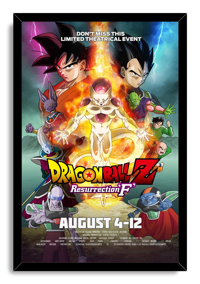 Framed Dragon Ball Z Resurrection ‘F’ wall art print depicts Golden Frieza, Goku, Vegeta and allies against a lightning-filled sky.