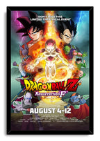 Framed Dragon Ball Z Resurrection ‘F’ wall art print depicts Golden Frieza, Goku, Vegeta and allies against a lightning-filled sky.