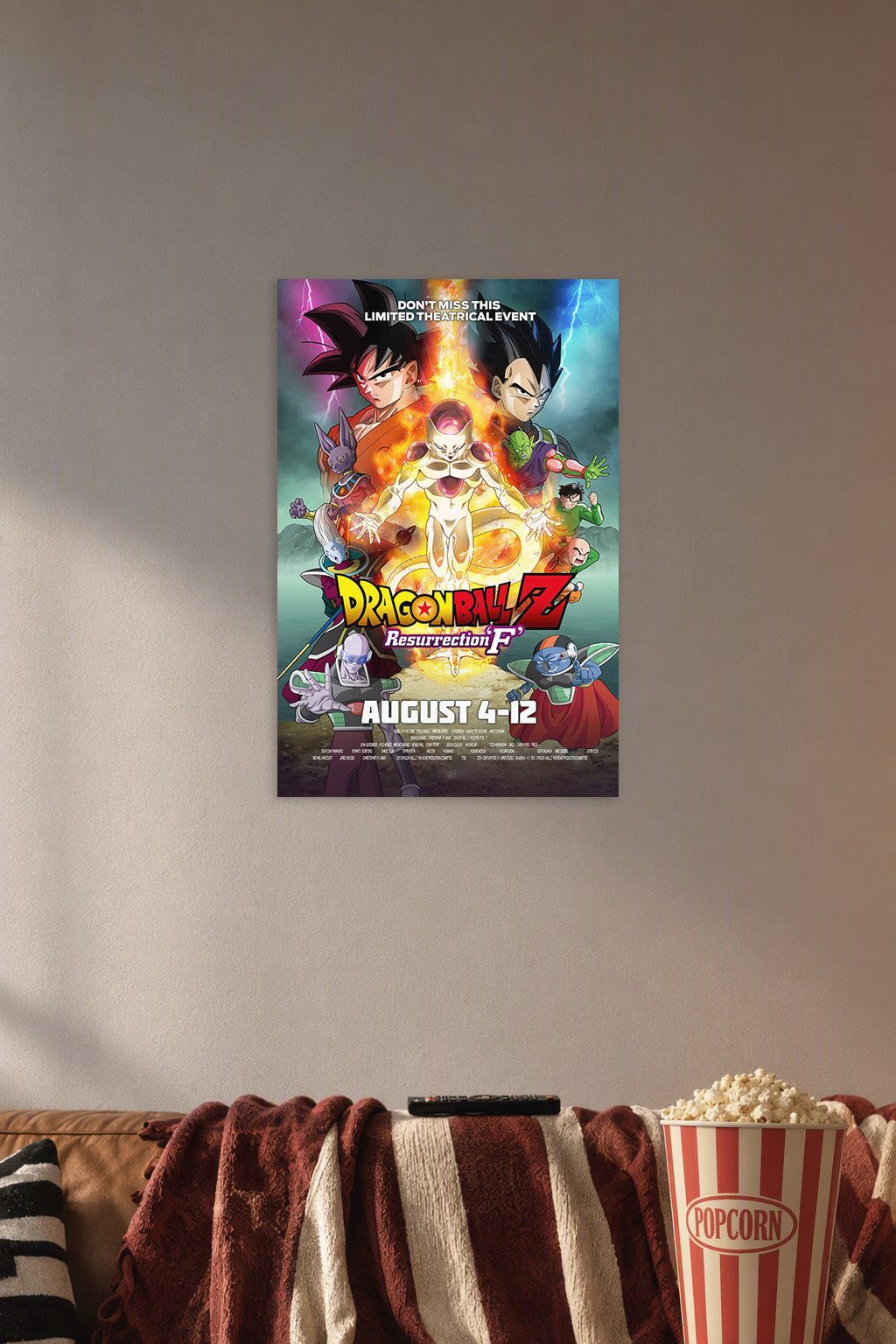 Dragon Ball Z Resurrection 'F' Movie Characters in a cozy movie room above a brown sofa with popcorn.