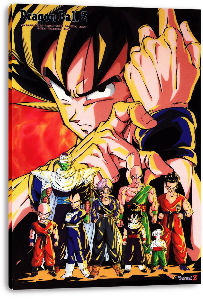 Dragon Ball Z canvas wall art print with Super Saiyan Goku in a dramatic close-up above a lineup of Z Fighters in colorful uniforms.
