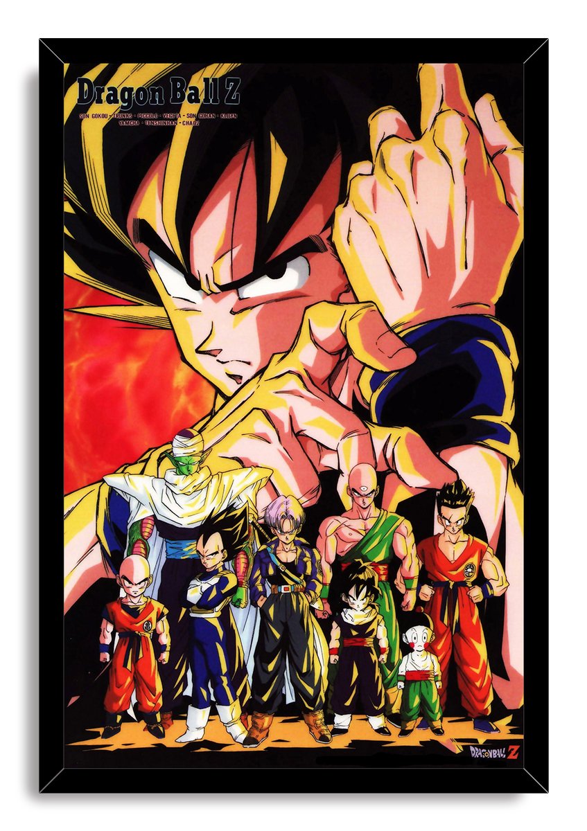 Framed Dragon Ball Z wall art print portraying Super Saiyan Goku and the Z Fighters posed together against fiery red and black artwork.