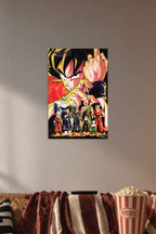 Dragon Ball Z Super Saiyan Goku and Z Fighters in a cozy movie room above a brown sofa with popcorn.