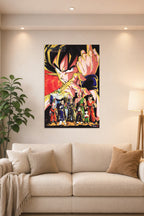 Dragon Ball Z Super Saiyan Goku and Z Fighters in a bright living room above a beige sofa.