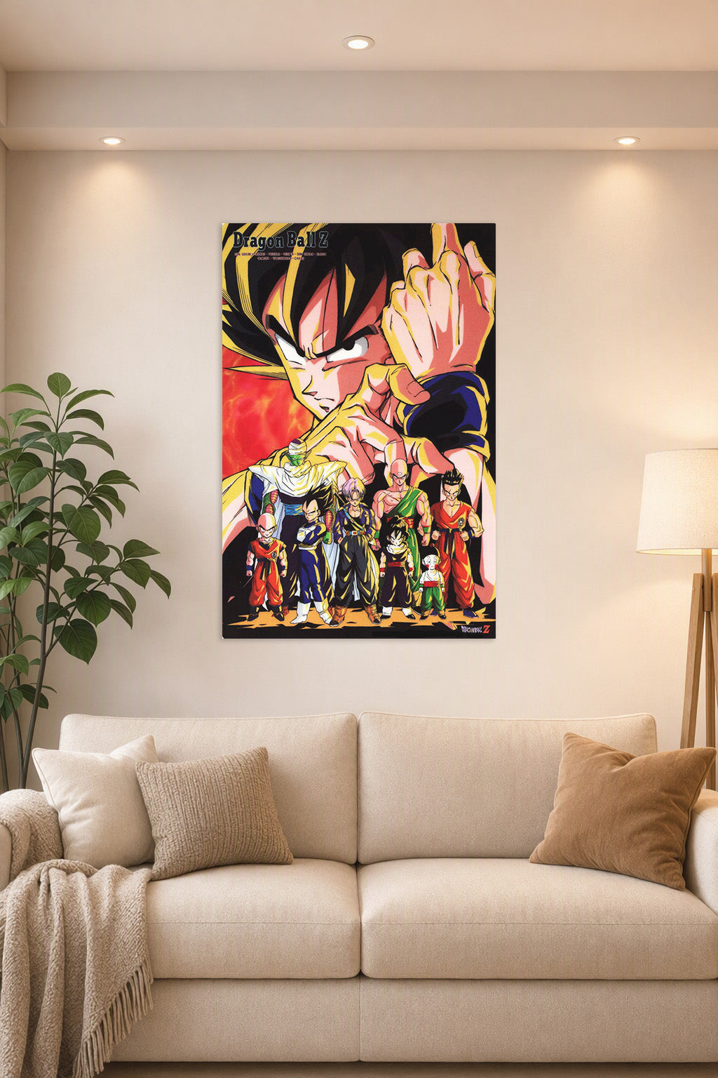 Dragon Ball Z Super Saiyan Goku and Z Fighters in a bright living room above a beige sofa.