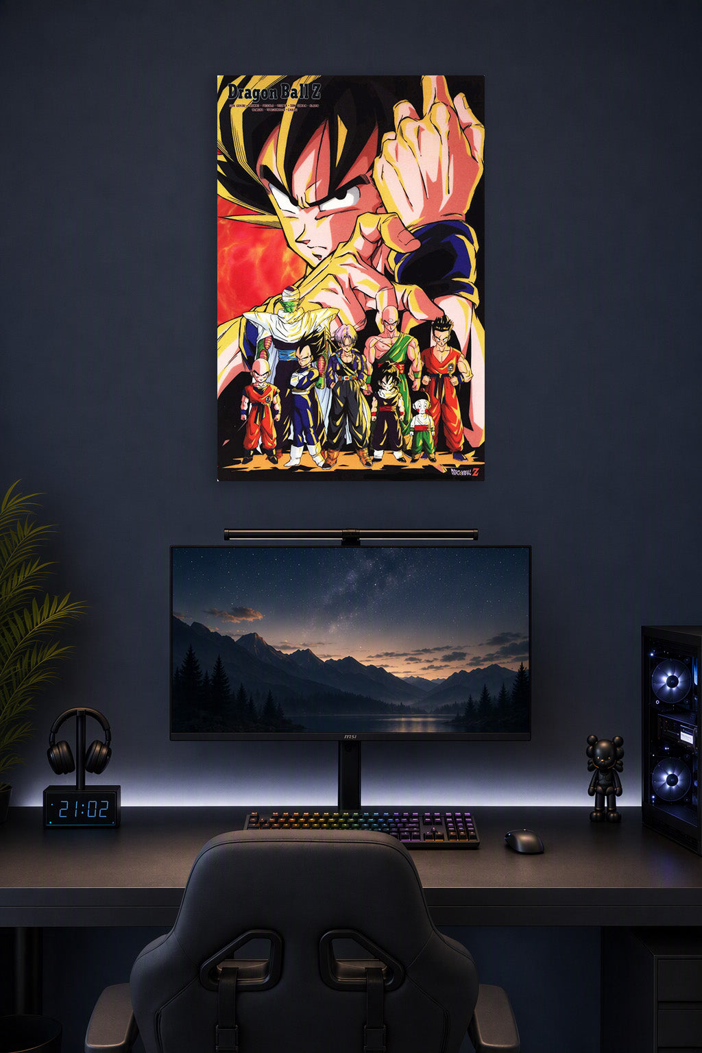 Dragon Ball Z Super Saiyan Goku and Z Fighters in a gaming desk setup above a monitor.