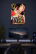 Dragon Ball Z Super Saiyan Goku and Z Fighters in a gaming desk setup above a monitor.
