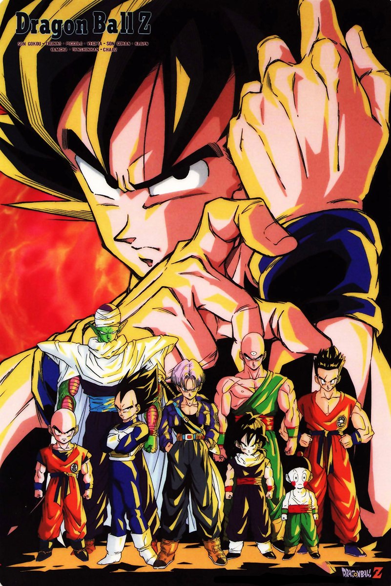 Dragon Ball Z wall art print featuring a large Super Saiyan Goku above Piccolo, Vegeta, Trunks, Gohan, and fellow fighters on a red background.