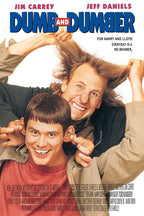 Dumb and Dumber poster with Jim Carrey and Jeff Daniels grinning as one pulls the other's hair beneath blue title text.