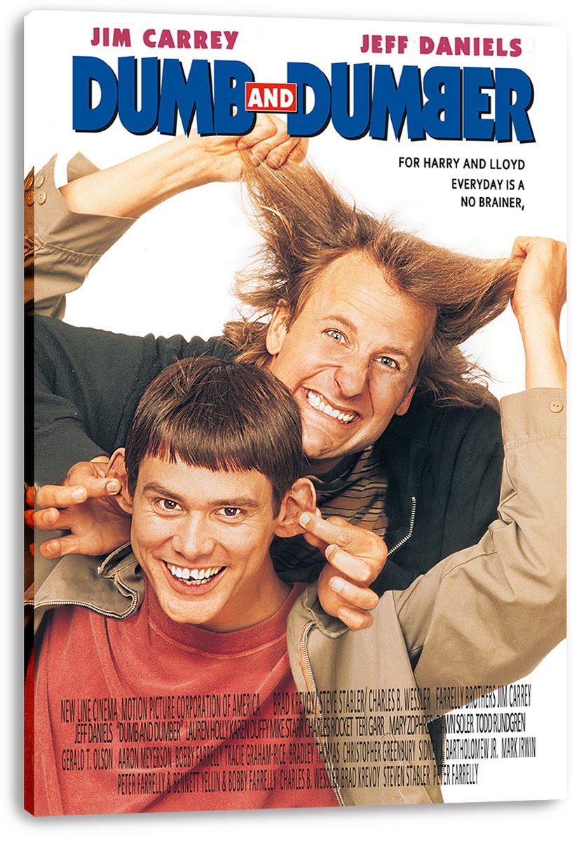 Dumb and Dumber wall art print displayed on a thick white canvas, featuring the two smiling men with exaggerated hairstyles.