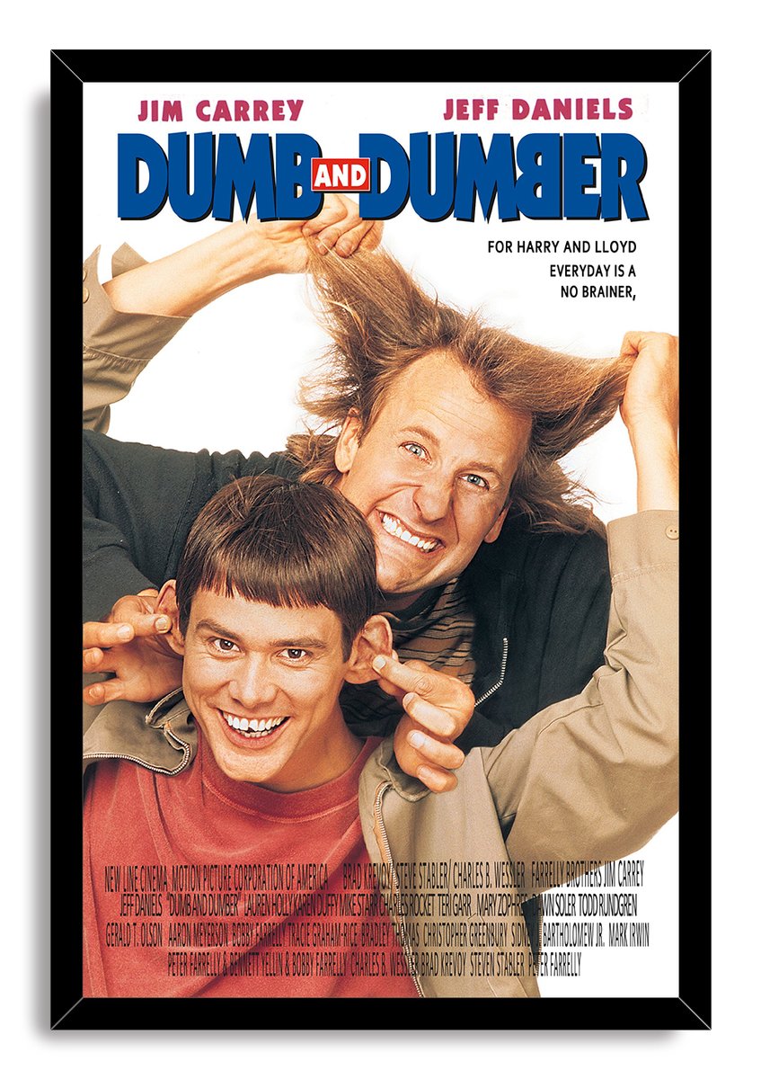 Dumb and Dumber framed wall art print with a black border, blue title lettering, and the two comedy stars posing playfully.
