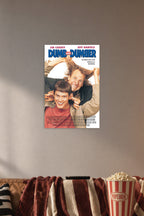 Dumb and Dumber Movie Poster Jim Carrey Jeff Daniels in a cozy movie room above a brown sofa with popcorn.