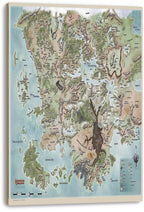 Dungeons & Dragons Faerûn map canvas wall art with detailed green terrain, mountain ranges, coastal waters, place names, and a legend.
