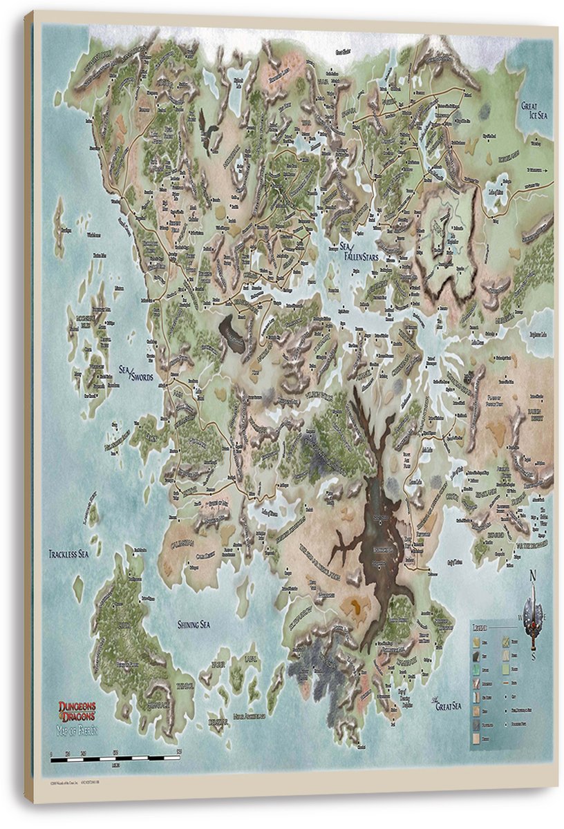 Dungeons & Dragons Faerûn map canvas wall art with detailed green terrain, mountain ranges, coastal waters, place names, and a legend.