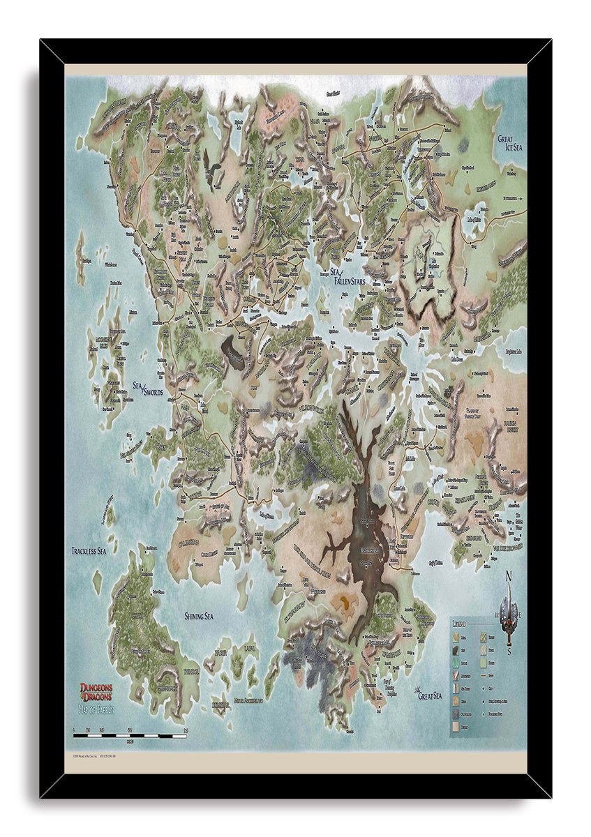 Dungeons & Dragons Faerûn map wall art print framed in black, featuring labeled regions, winding roads, mountains, forests, and seas.