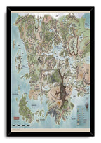 Dungeons & Dragons Faerûn map wall art print framed in black, featuring labeled regions, winding roads, mountains, forests, and seas.