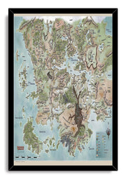 Dungeons & Dragons Faerûn map wall art print framed in black, featuring labeled regions, winding roads, mountains, forests, and seas.