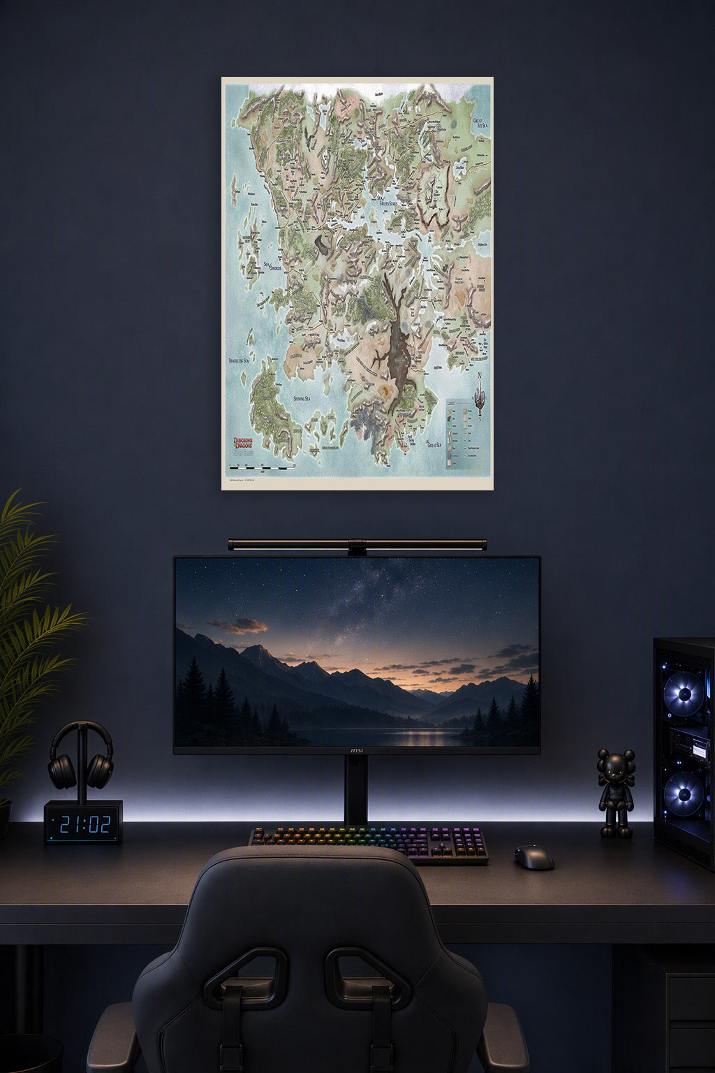 Dungeons & Dragons Faerûn Map in a gaming desk setup above a monitor.
