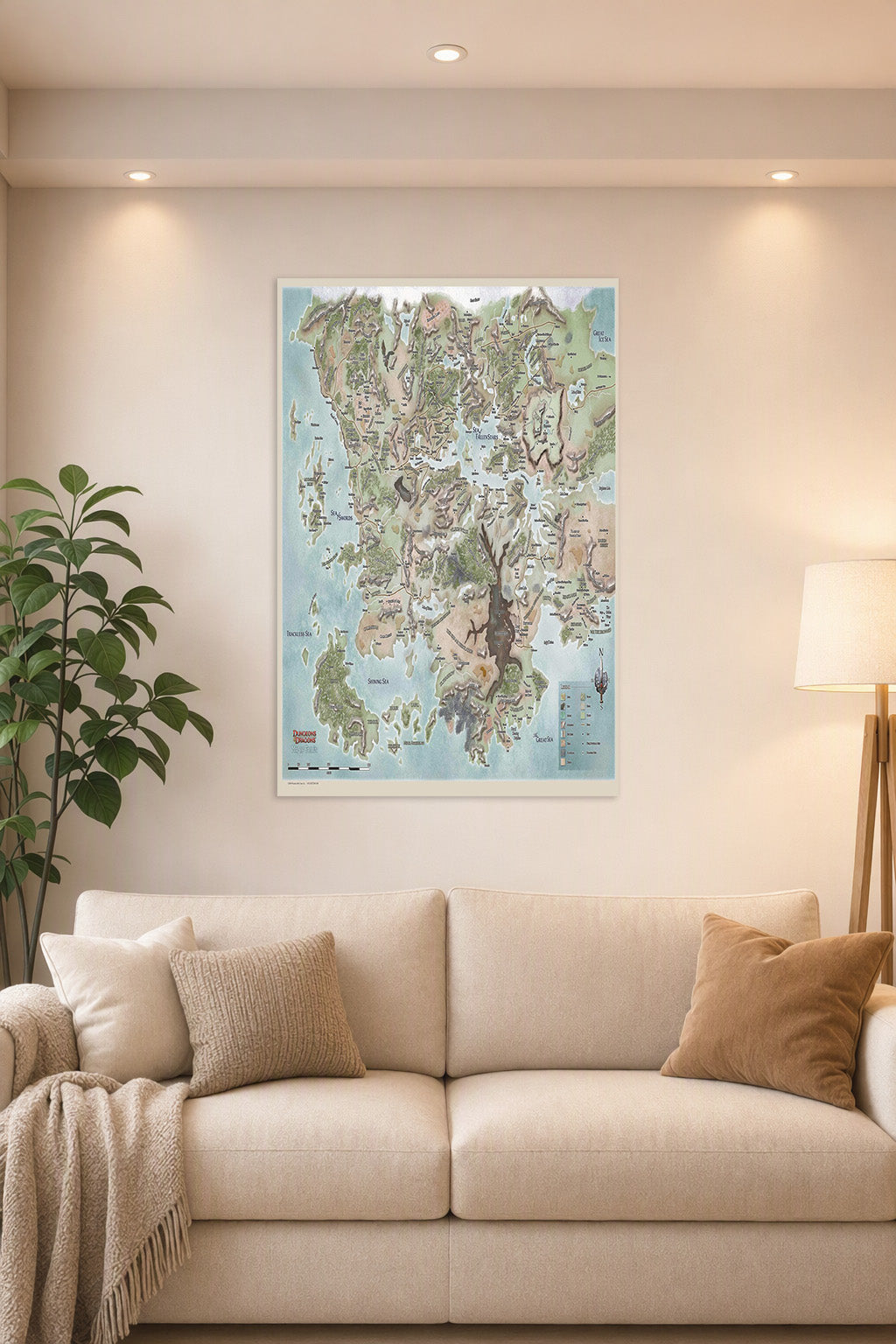 Dungeons & Dragons Faerûn Map in a bright living room above a beige sofa.