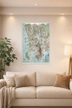 Dungeons & Dragons Faerûn Map in a bright living room above a beige sofa.