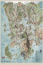 Dungeons & Dragons Faerûn map poster with labeled kingdoms, mountains, forests, islands, roads, and surrounding blue seas.