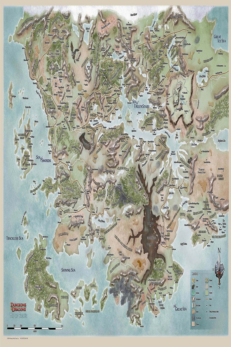 Dungeons & Dragons Faerûn map poster with labeled kingdoms, mountains, forests, islands, roads, and surrounding blue seas.