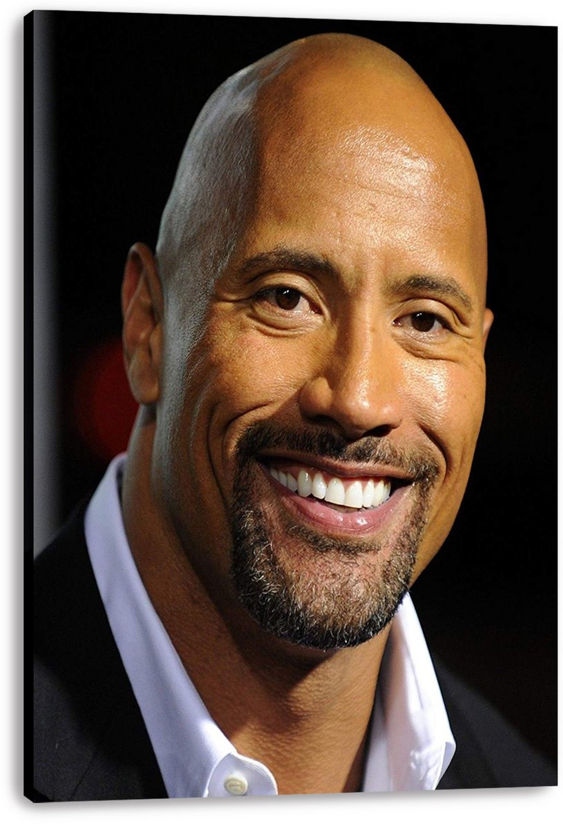 Dwayne The Rock Johnson canvas wall art print presents his smiling close-up portrait, with dark background and visible wrapped canvas edges.
