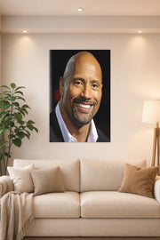 Dwayne 'The Rock' Johnson in a bright living room above a beige sofa.