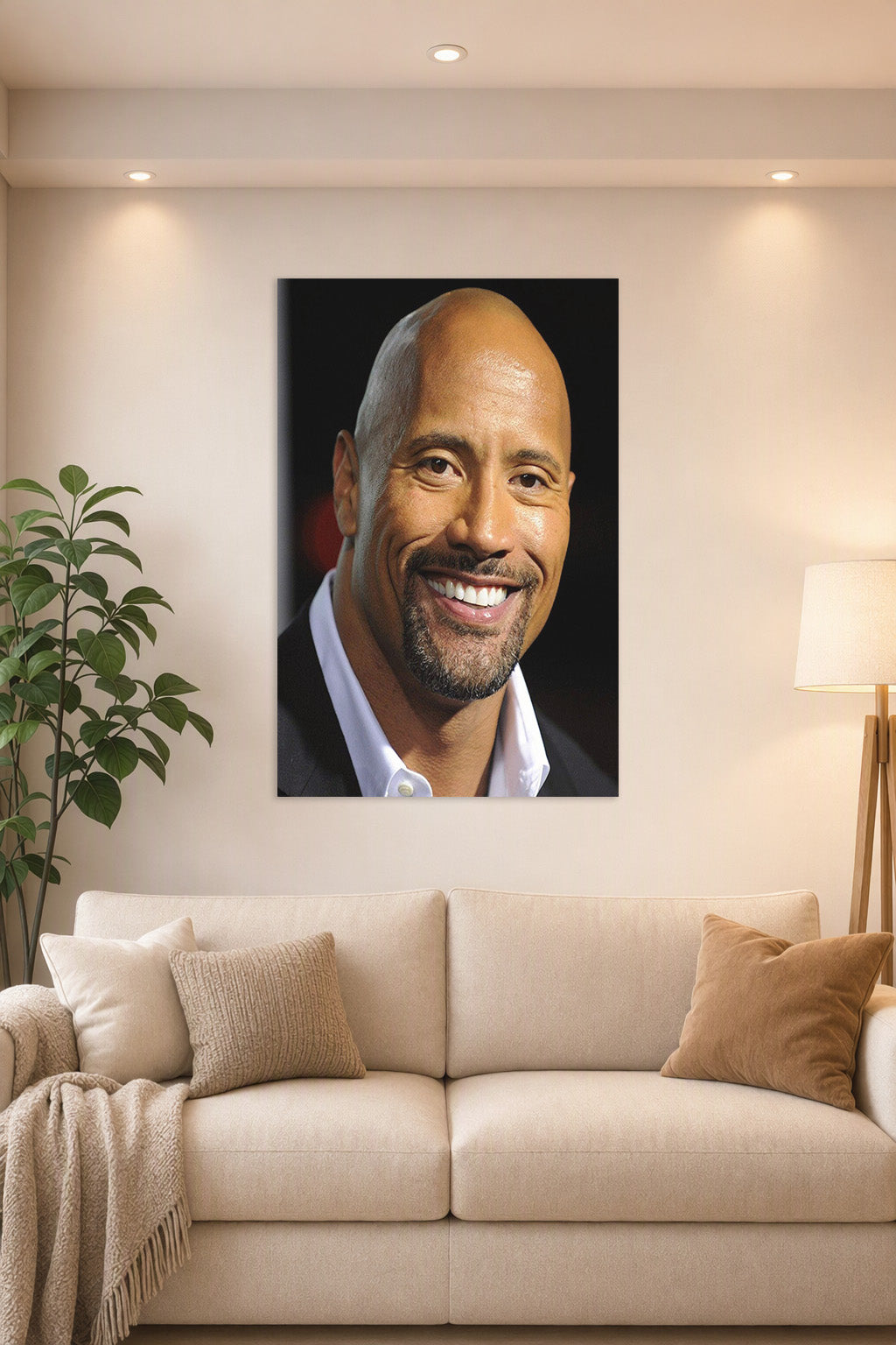Dwayne 'The Rock' Johnson in a bright living room above a beige sofa.