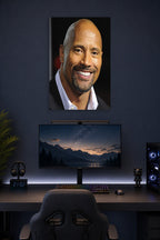 Dwayne 'The Rock' Johnson in a gaming desk setup above a monitor.