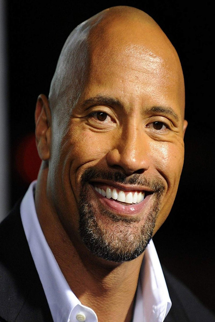 Dwayne The Rock Johnson poster features a close-up smiling portrait in a black jacket and open white shirt against black.