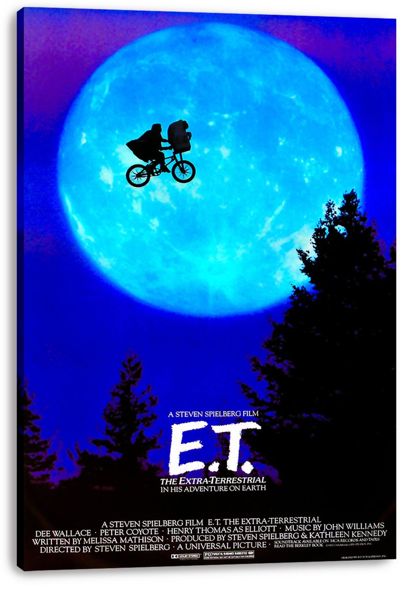 E.T. The Extra-Terrestrial canvas wall art print featuring the flying bicycle silhouette, blue moon, dark forest, and film credits.