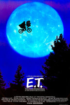 E.T. The Extra-Terrestrial poster with a bicycle silhouette crossing a glowing blue full moon above dark trees.