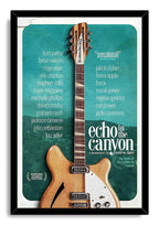 Echo in the Canyon framed wall art print with black border, central electric guitar, teal canyon backdrop, and artist list.