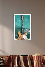 Echo in the Canyon Documentary Movie Poster in a cozy movie room above a brown sofa with popcorn.
