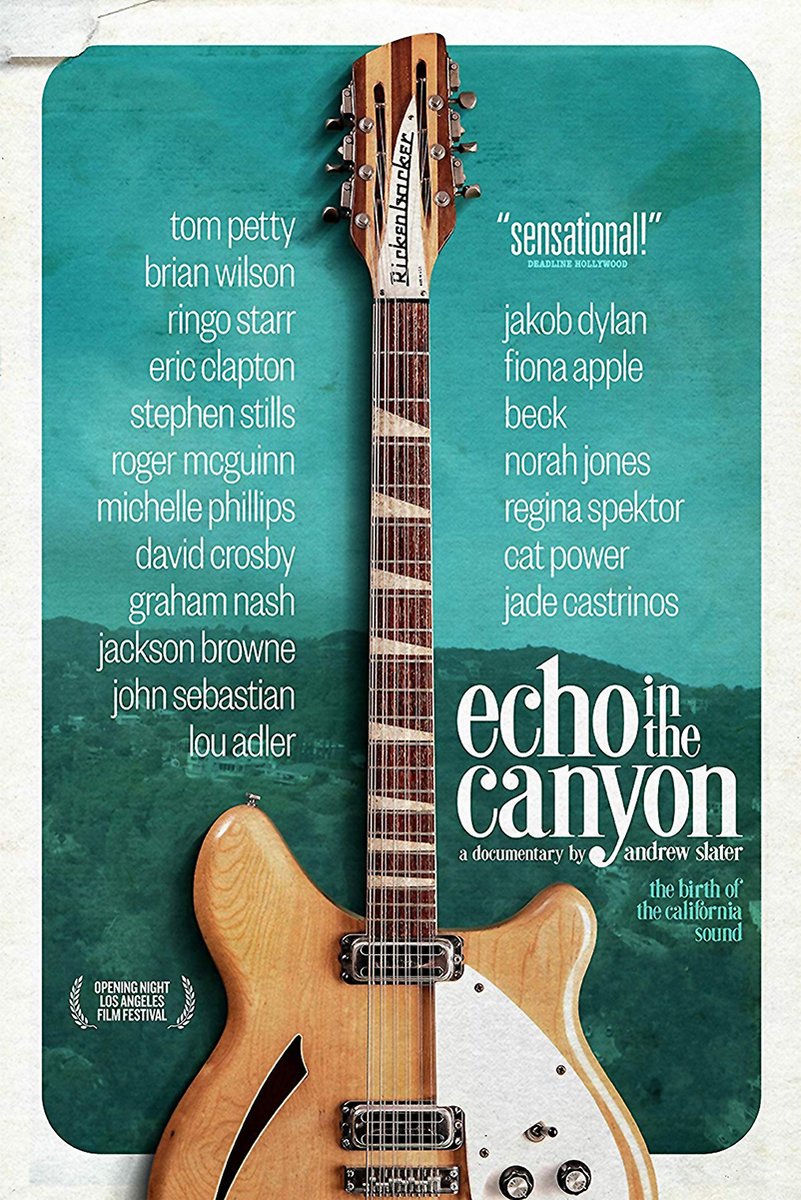 Echo in the Canyon movie poster wall art print with a natural wood electric guitar over teal hills and artist names.