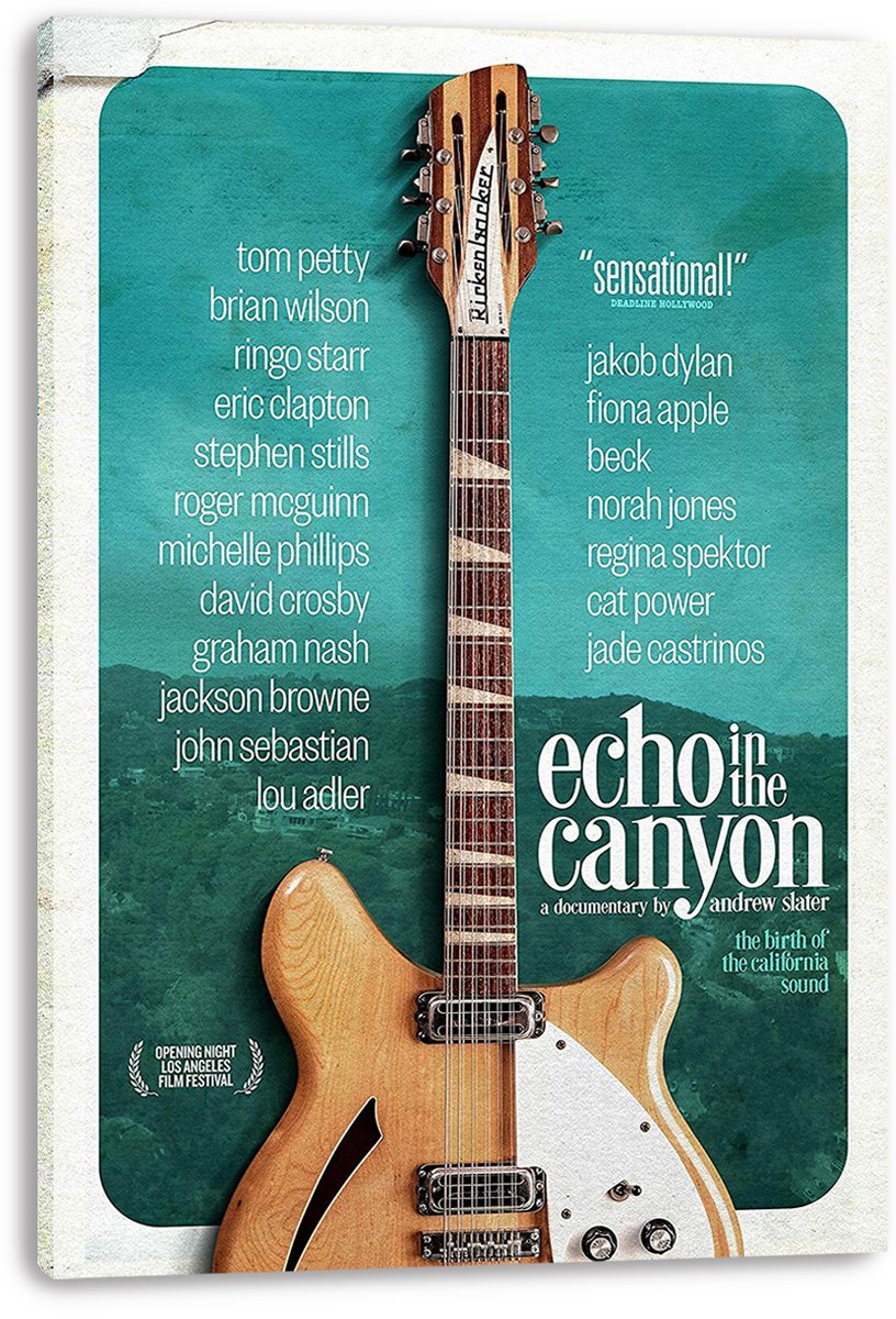 Echo in the Canyon canvas wall art print featuring a vertical Rickenbacker-style guitar, teal landscape, title, and artist list.